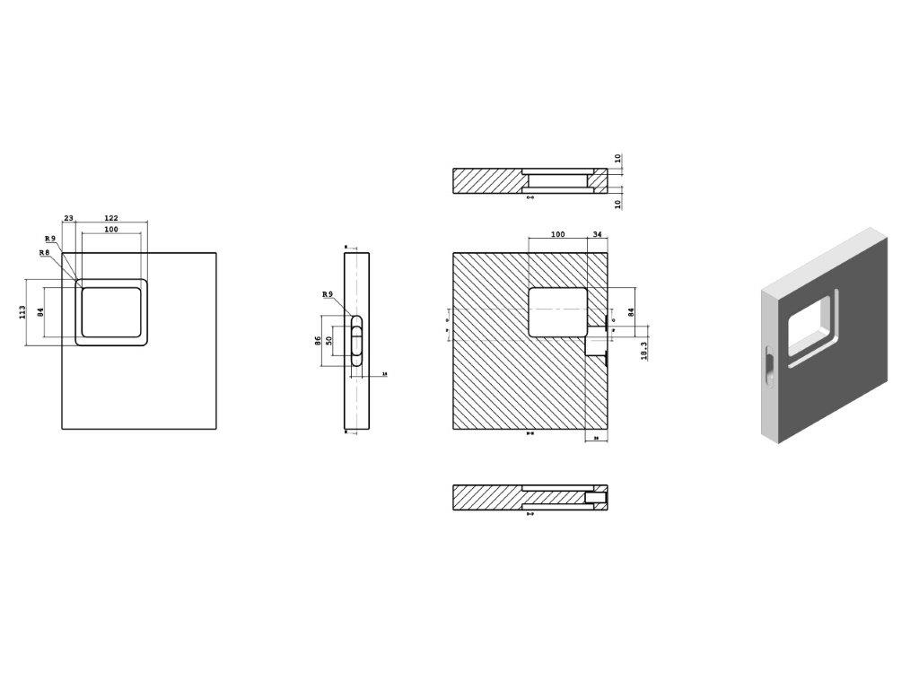 Maniglia Incasso Rettangolare Porta Scorrevole/Battente Atomo nottolino chiusura a Toppa mm.122x113 da Verniciare | Saletta - immagine 4